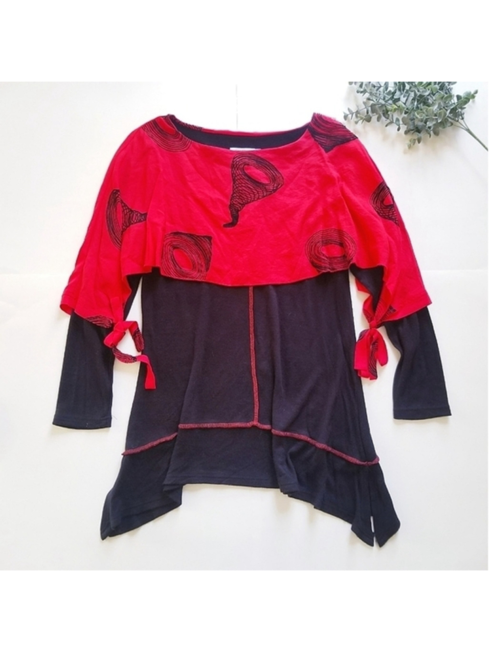 FERATELLI Art-To-Wear Embroidered Tunic Black Red Long Sleeve Top Medium Tornado